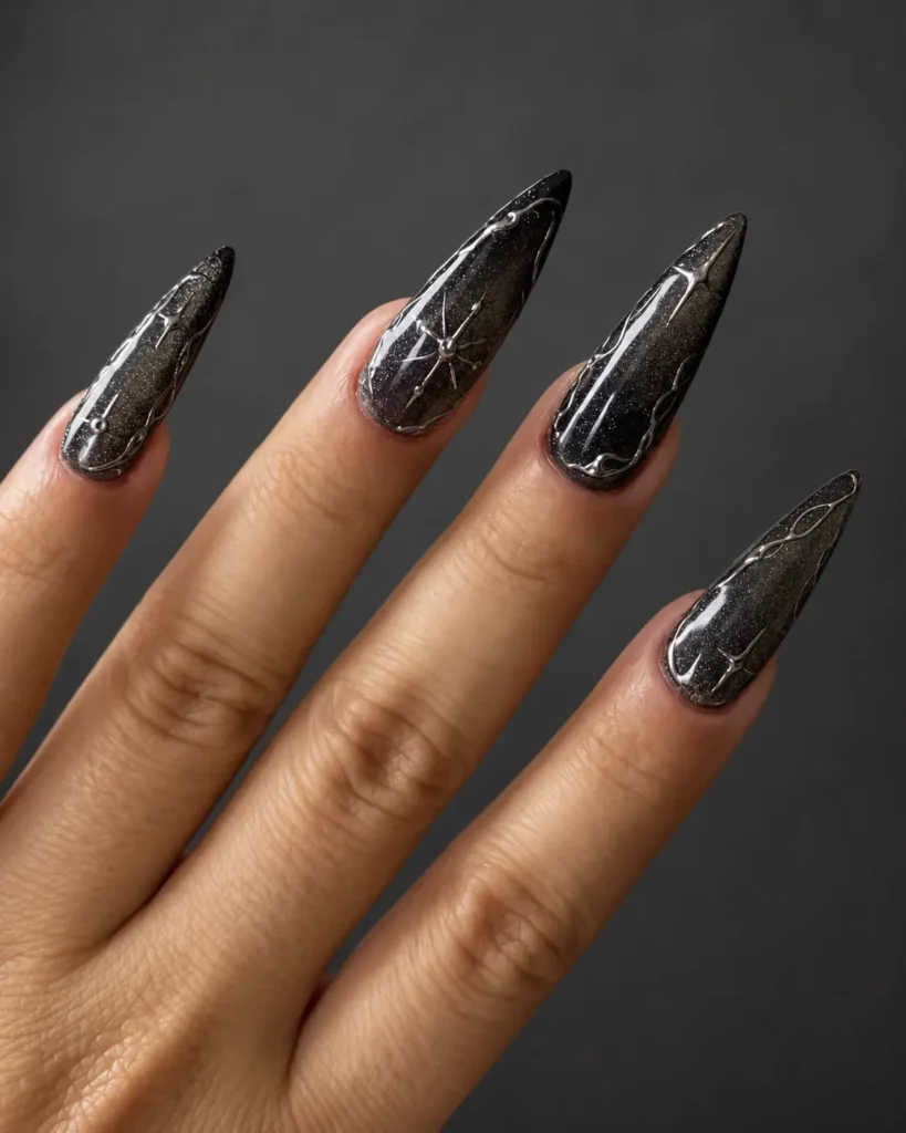 Concepto de uñas negras y rojo oscuro con anillos plateados